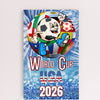 Bold graphic design featuring “WORLD CUP USA 2026” in patriotic red, white, and blue with a humorous or high-energy soccer theme.

