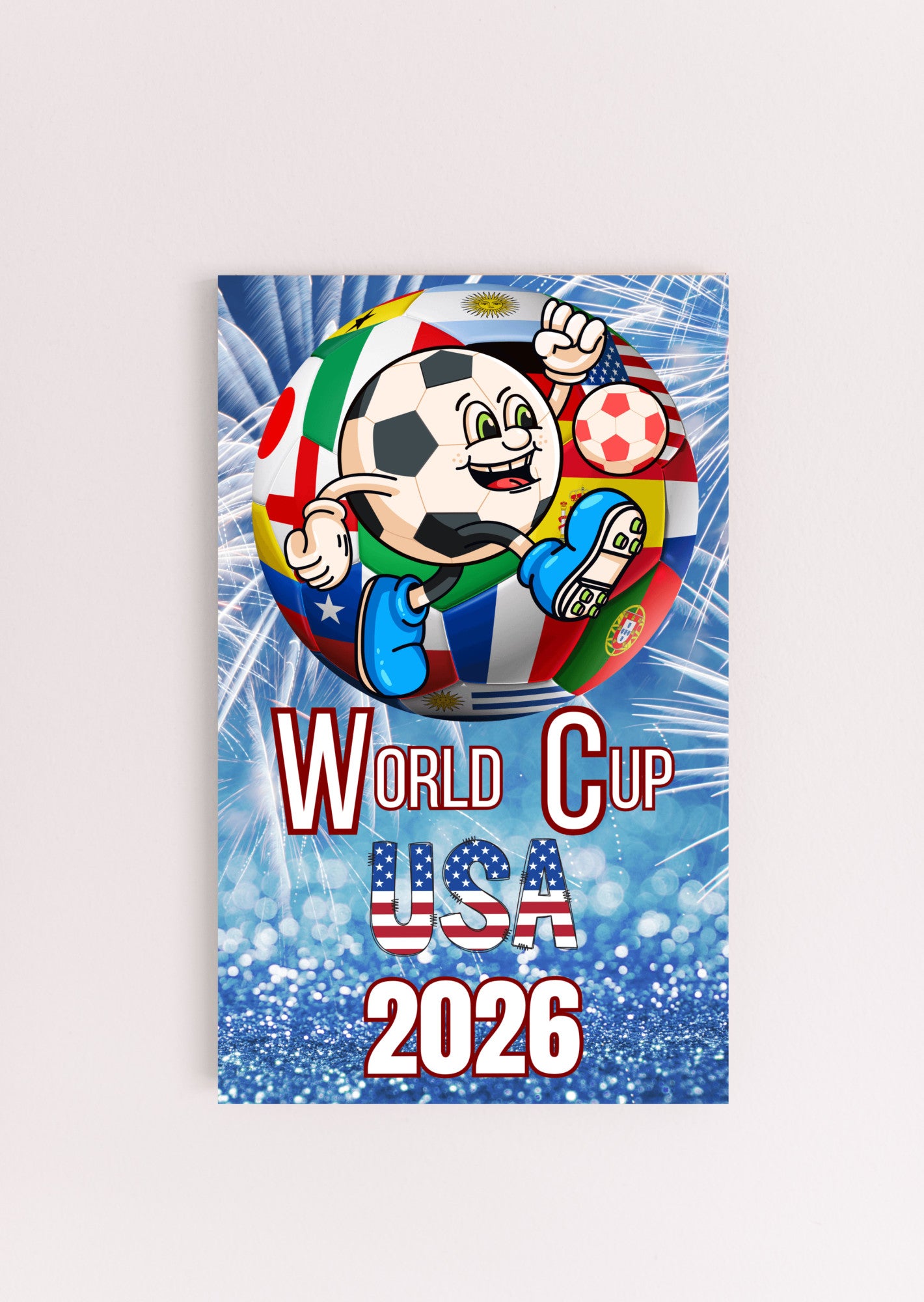 Bold graphic design featuring “WORLD CUP USA 2026” in patriotic red, white, and blue with a humorous or high-energy soccer theme.

