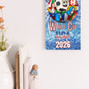 Bold graphic design featuring “WORLD CUP USA 2026” in patriotic red, white, and blue with a humorous or high-energy soccer theme.

