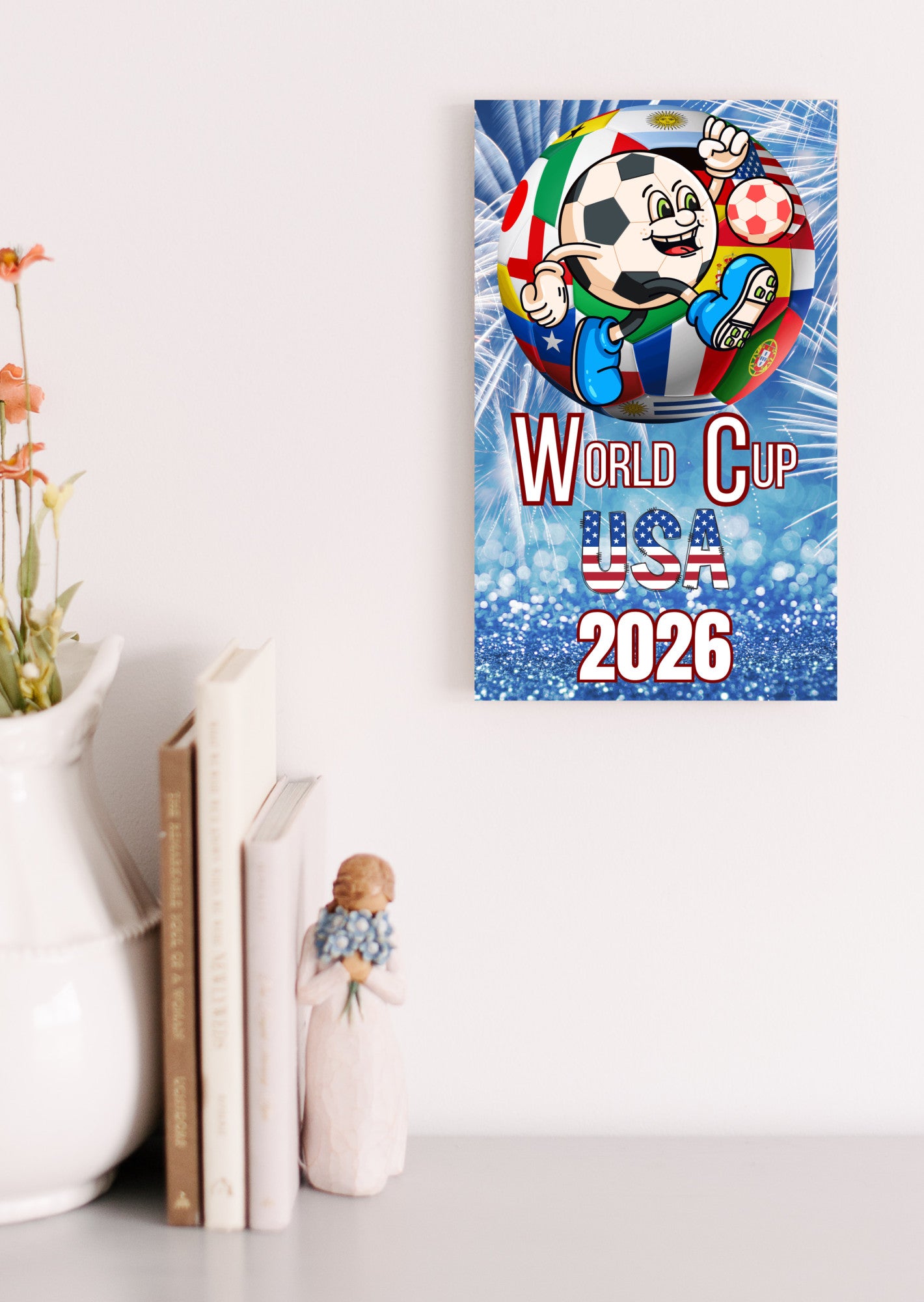 Bold graphic design featuring “WORLD CUP USA 2026” in patriotic red, white, and blue with a humorous or high-energy soccer theme.

