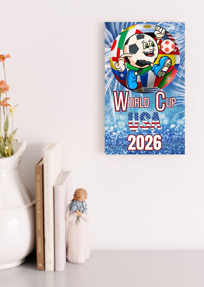 Bold graphic design featuring “WORLD CUP USA 2026” in patriotic red, white, and blue with a humorous or high-energy soccer theme.

