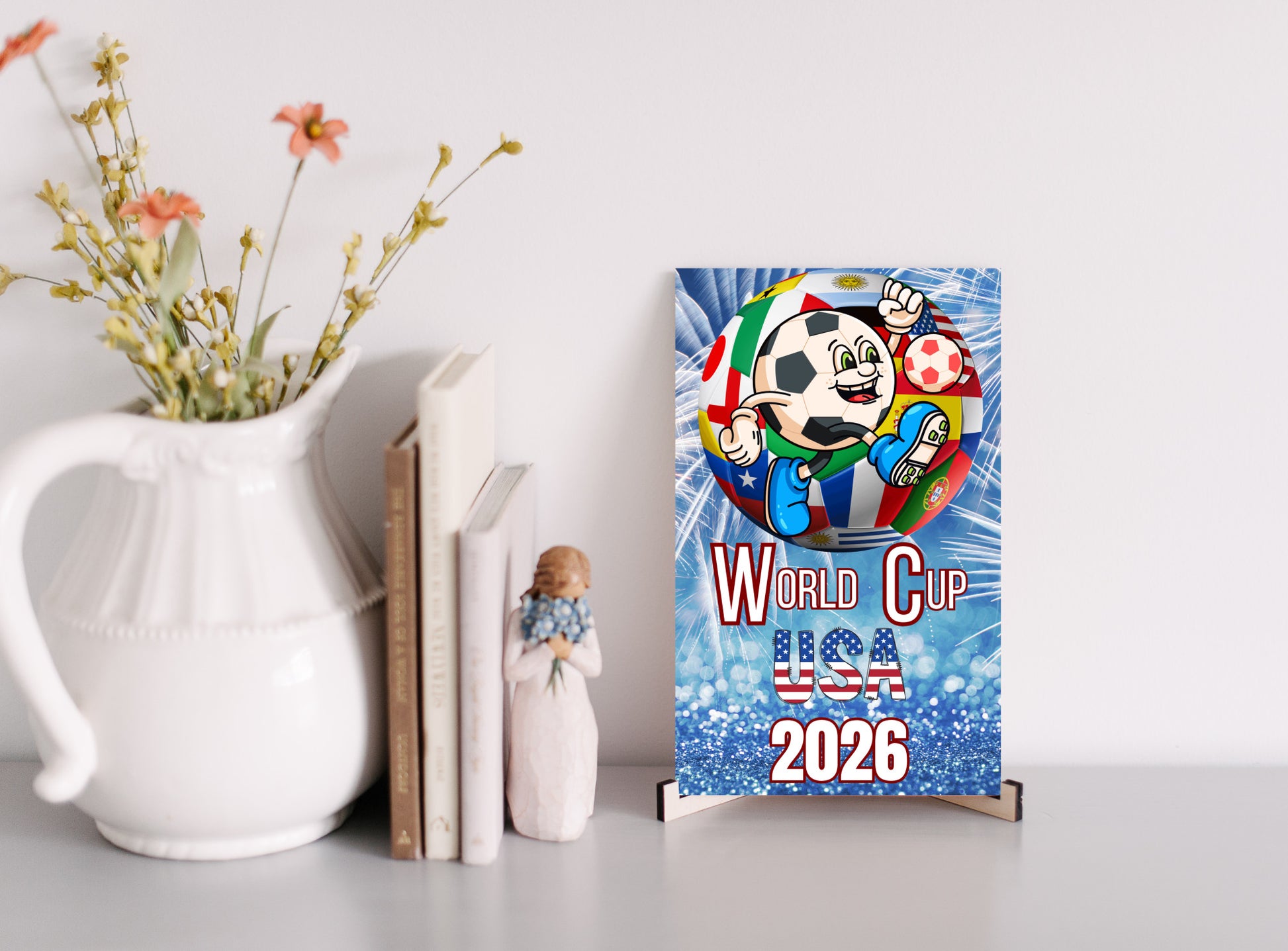 Bold graphic design featuring “WORLD CUP USA 2026” in patriotic red, white, and blue with a humorous or high-energy soccer theme.

