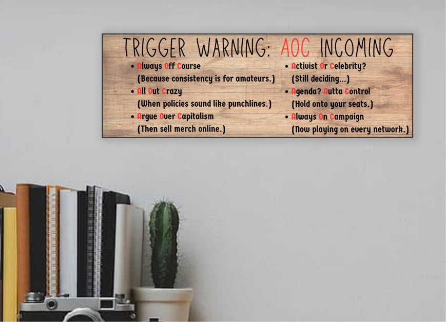“All Out Comedy Plaque TRIGGER WARNING AOC Show political humor wall decor hanging on a wooden background”