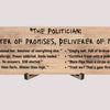 A satirical plaque titled "The Politician," featuring a caricature of a grinning politician with crossed fingers behind his back, surrounded by broken promises.