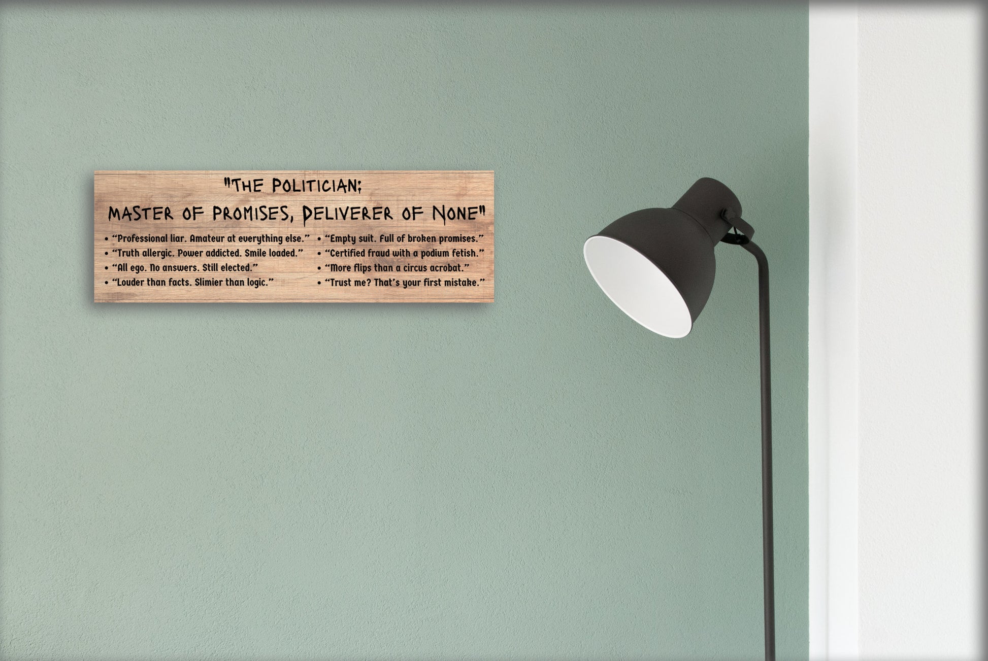 A satirical plaque titled "The Politician," featuring a caricature of a grinning politician with crossed fingers behind his back, surrounded by broken promises.