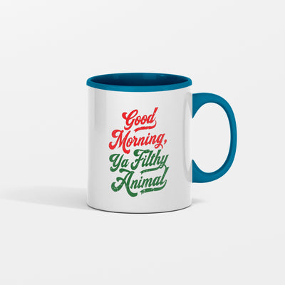 White ceramic mug that says “Good Morning, Ya Filthy Animal” in bold black font – perfect for sarcastic coffee lovers.