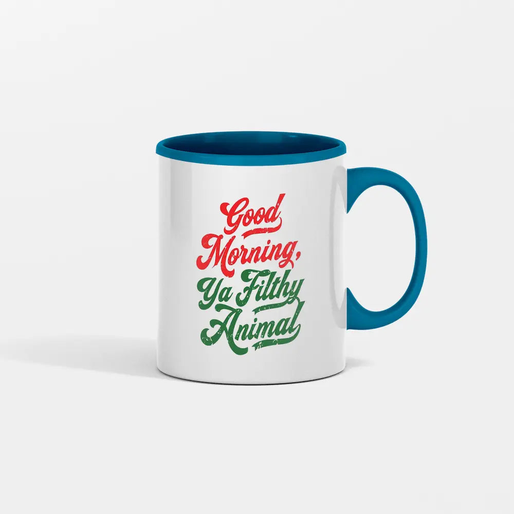 White ceramic mug that says “Good Morning, Ya Filthy Animal” in bold black font – perfect for sarcastic coffee lovers.