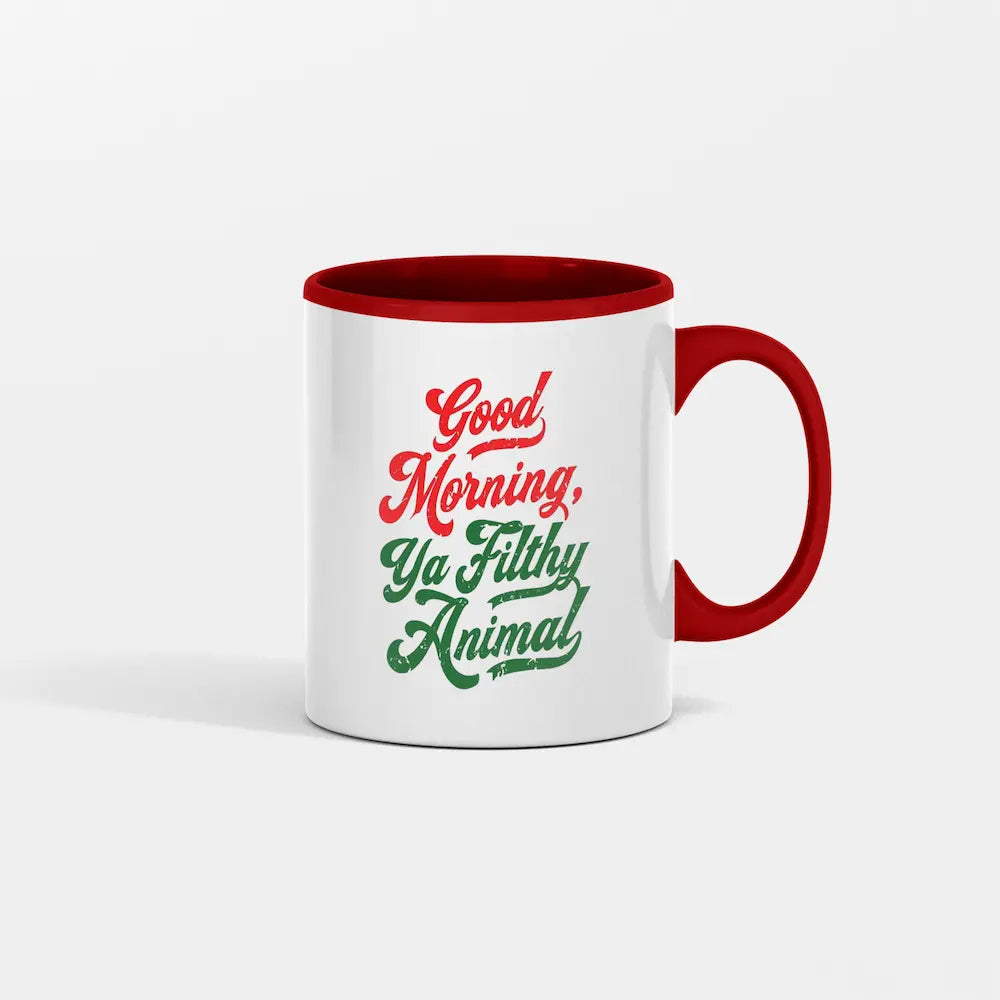 White ceramic mug that says “Good Morning, Ya Filthy Animal” in bold black font – perfect for sarcastic coffee lovers.