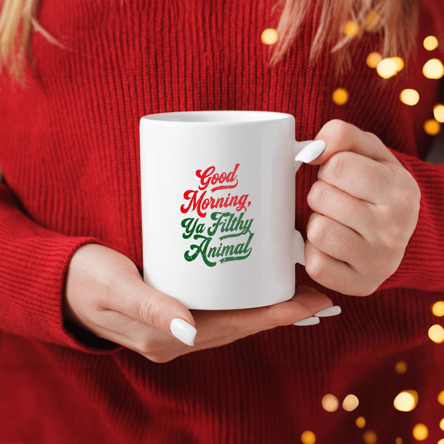 White ceramic mug that says “Good Morning, Ya Filthy Animal” in bold black font – perfect for sarcastic coffee lovers.