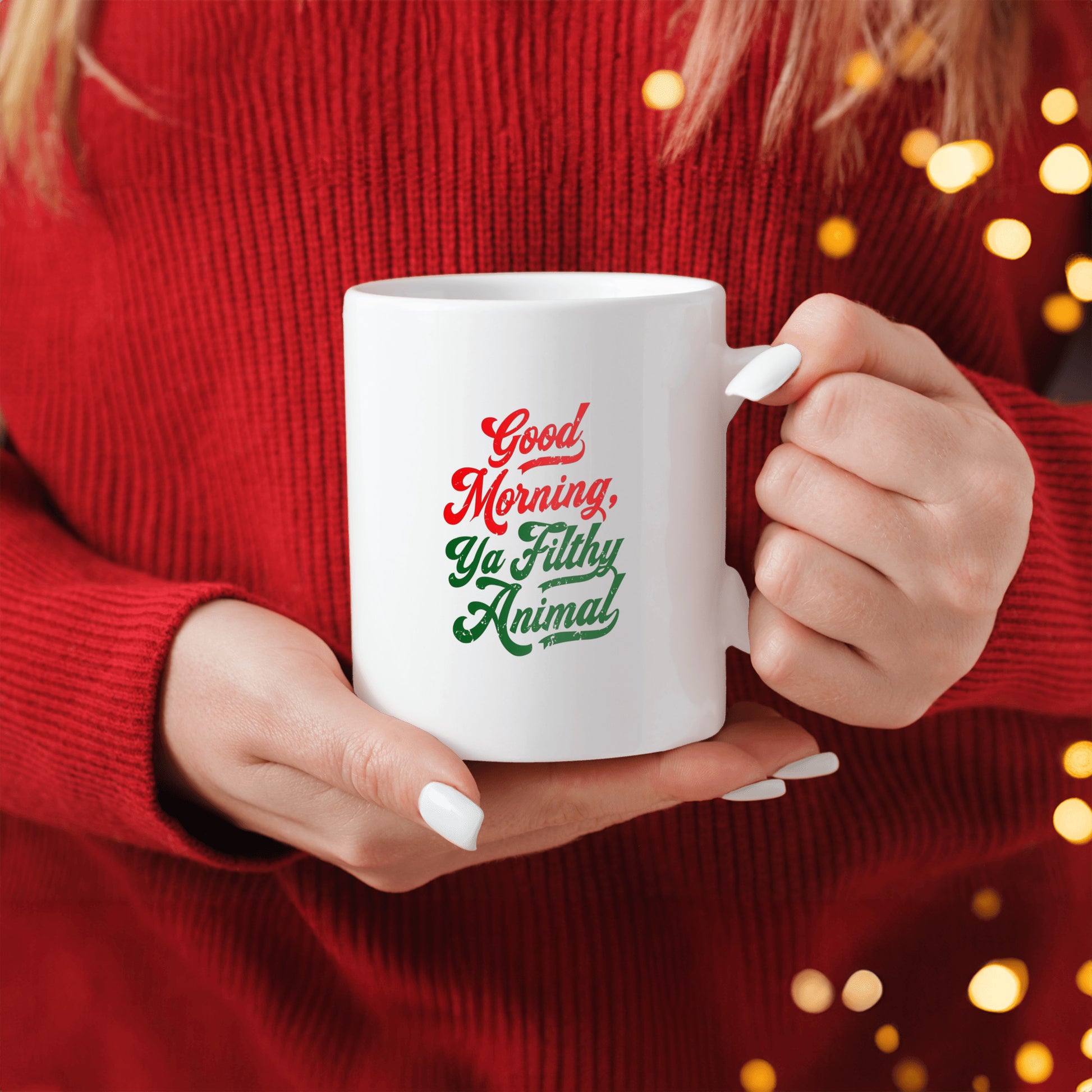White ceramic mug that says “Good Morning, Ya Filthy Animal” in bold black font – perfect for sarcastic coffee lovers.