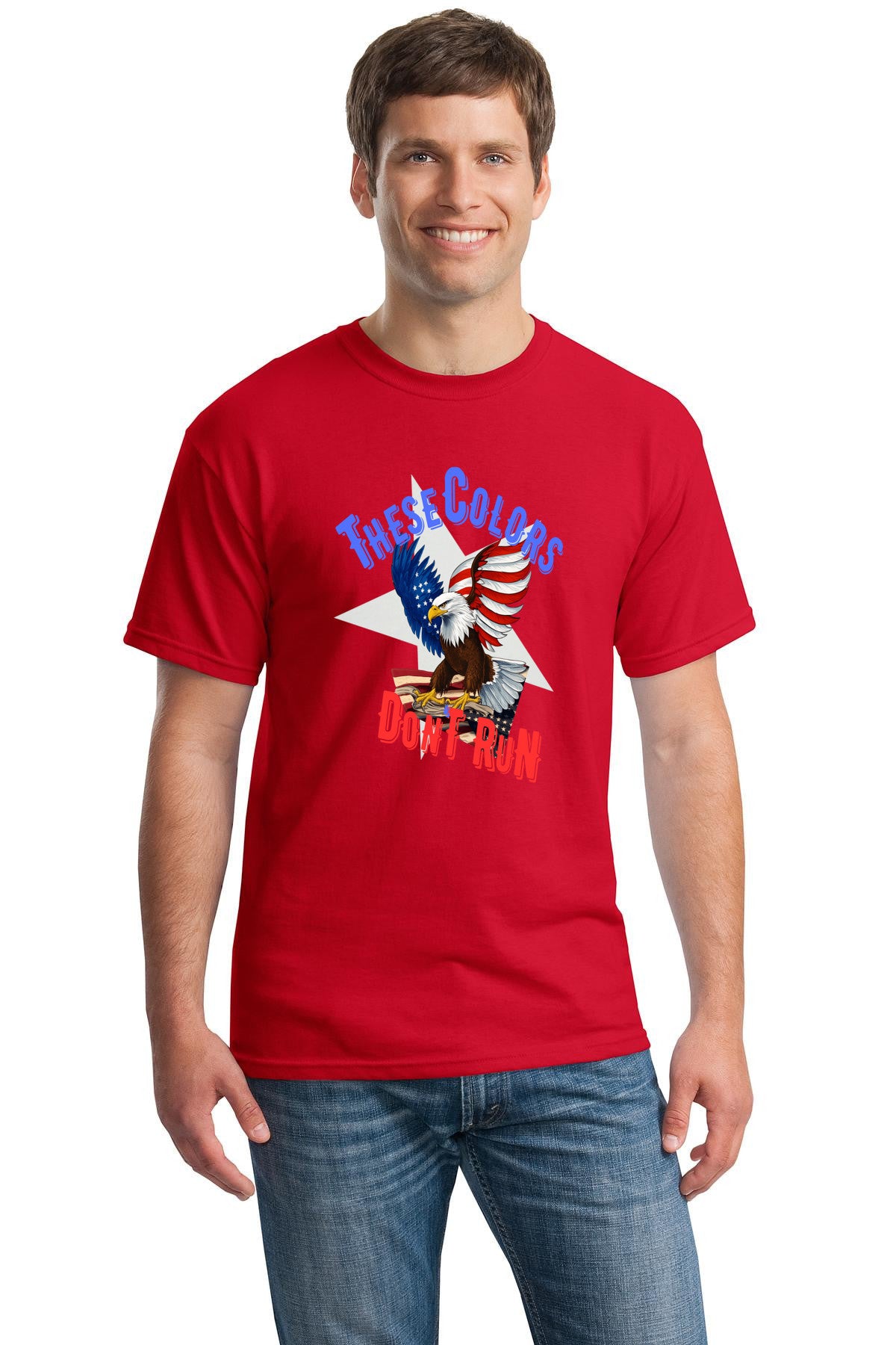 Bold patriotic T-shirt featuring an American eagle with the phrase “These Colors Don’t Run,” symbolizing strength, freedom, and American pride.
