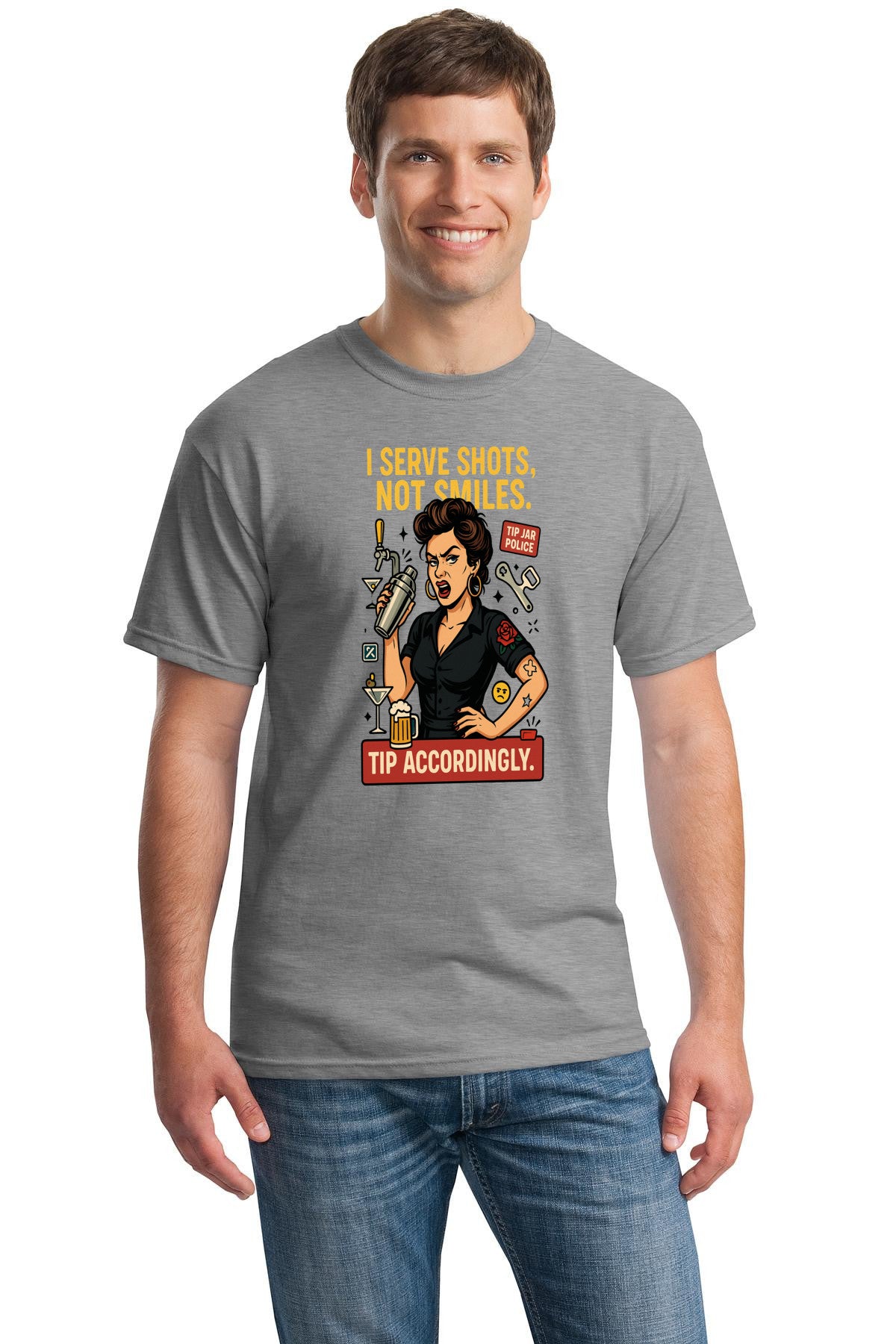 "Unisex Sports Grey T-shirt with bold neon text that reads 'I Serve Shots, Not Smiles' – sarcastic bartender design."