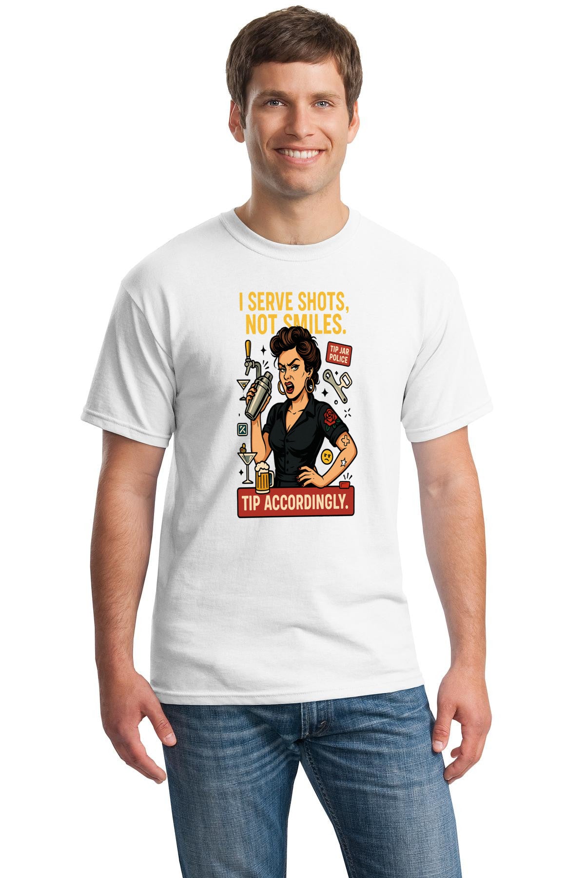 "Unisex White T-shirt with bold neon text that reads 'I Serve Shots, Not Smiles' – sarcastic bartender design."