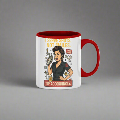 A white ceramic coffee mug on a bar counter with bold black and red lettering that reads “Not Today, Satan – Maybe Tomorrow (Bartender Edition).” Surrounded by cocktail tools and a half-finished espresso shot.