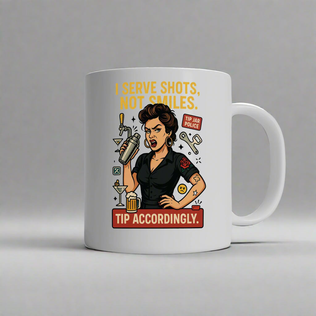 A white ceramic coffee mug on a bar counter with bold black and red lettering that reads “Not Today, Satan – Maybe Tomorrow (Bartender Edition).” Surrounded by cocktail tools and a half-finished espresso shot.