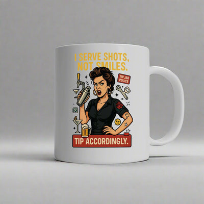 A white ceramic coffee mug on a bar counter with bold black and red lettering that reads “Not Today, Satan – Maybe Tomorrow (Bartender Edition).” Surrounded by cocktail tools and a half-finished espresso shot.