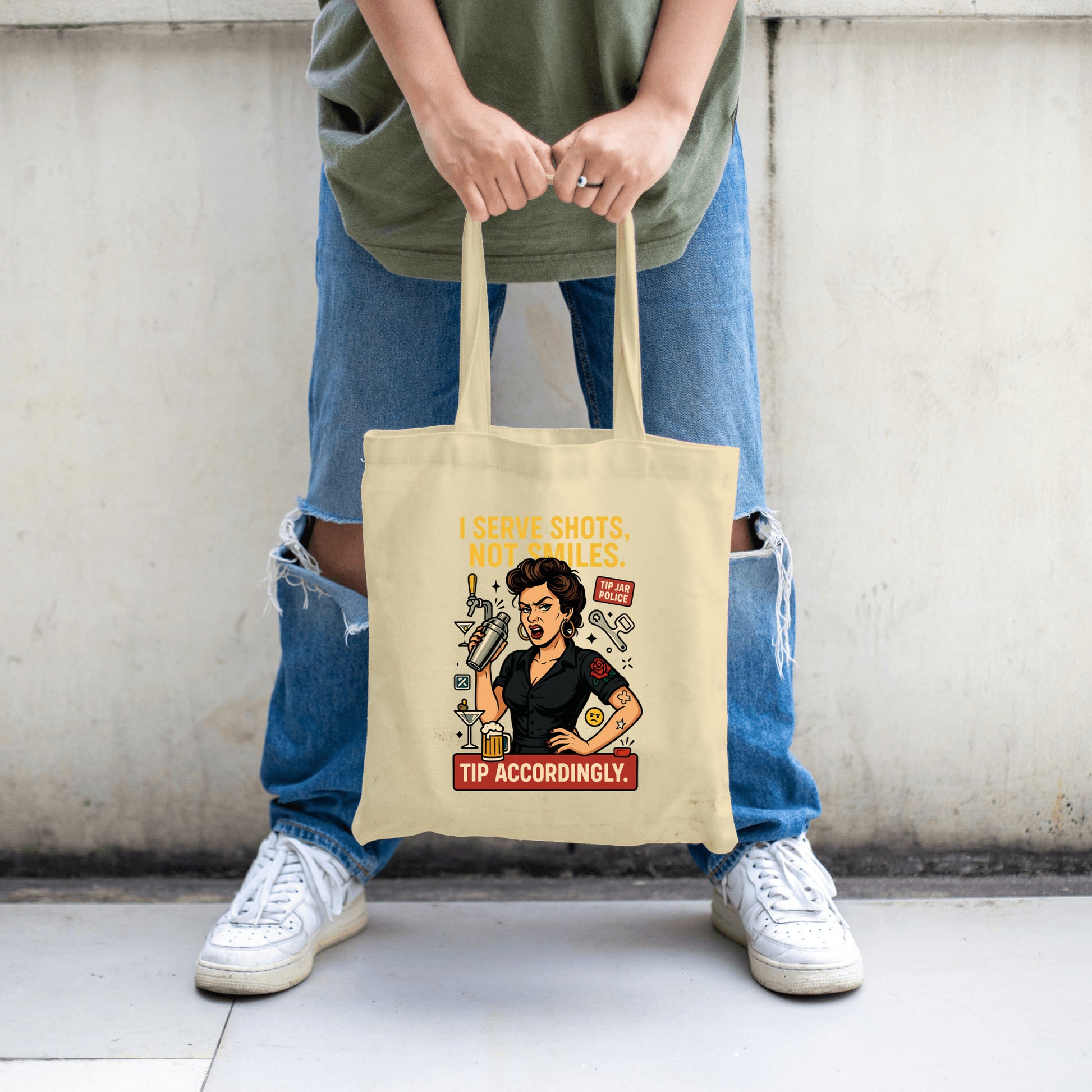"Canvas tote bag featuring the quote 'I Serve Shots, Not Smiles' in bold, edgy lettering – perfect for bartenders and servers."
