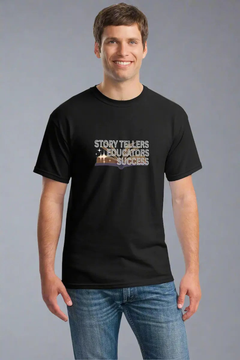 Empowering teacher T-shirt with bold text: “Storytelling. Educator. Success.” on a soft unisex fit.