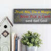 Sarcastic magician-themed plaque with the quote “Trust Me, I’m a Magician – Now Pick a Card and Get Lost” in vintage typeface on a bold backdrop.