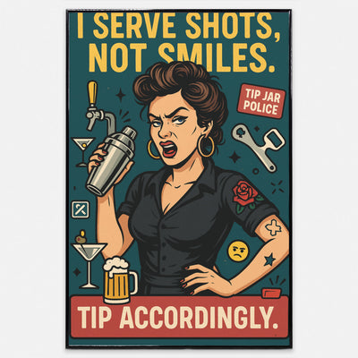 “Bold bartender-themed poster with the phrase ‘I Serve Shots No Smiles’, perfect for bars, kitchens, or humorous wall decor.”