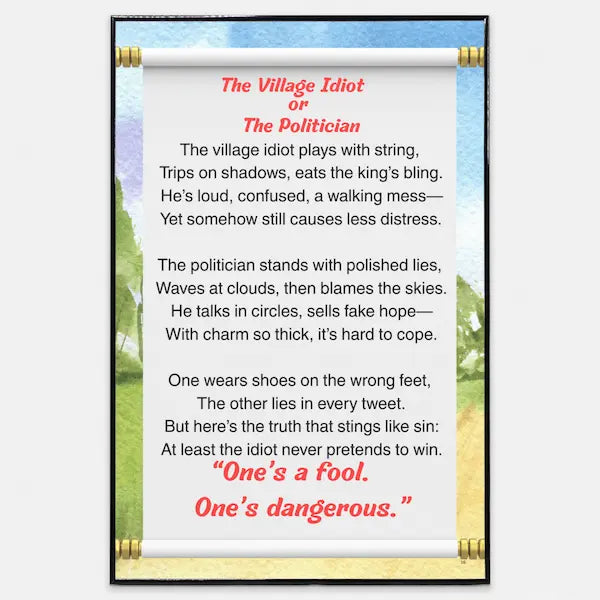 Sarcastic political poster reading “Village Idiot or Politician?” in bold minimalist typography