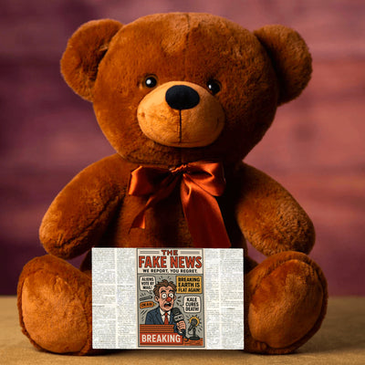 Soft plush teddy bear holding a sign that reads “Teddy Bears Tell the Truth – Not the Fake News,” a funny political and novelty gift.