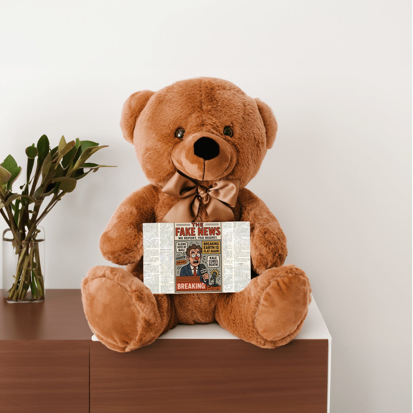Soft plush teddy bear holding a sign that reads “Teddy Bears Tell the Truth – Not the Fake News,” a funny political and novelty gift.