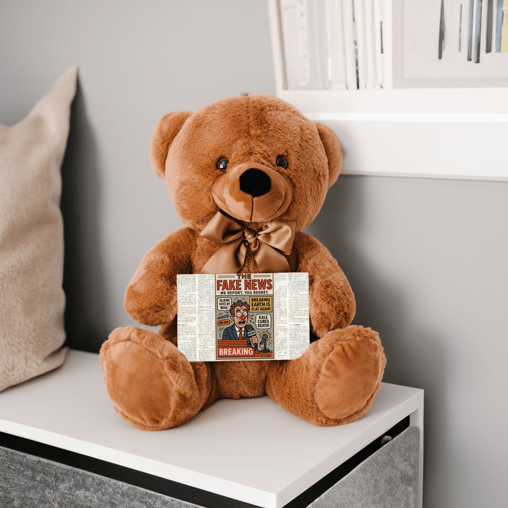 Soft plush teddy bear holding a sign that reads “Teddy Bears Tell the Truth – Not the Fake News,” a funny political and novelty gift.