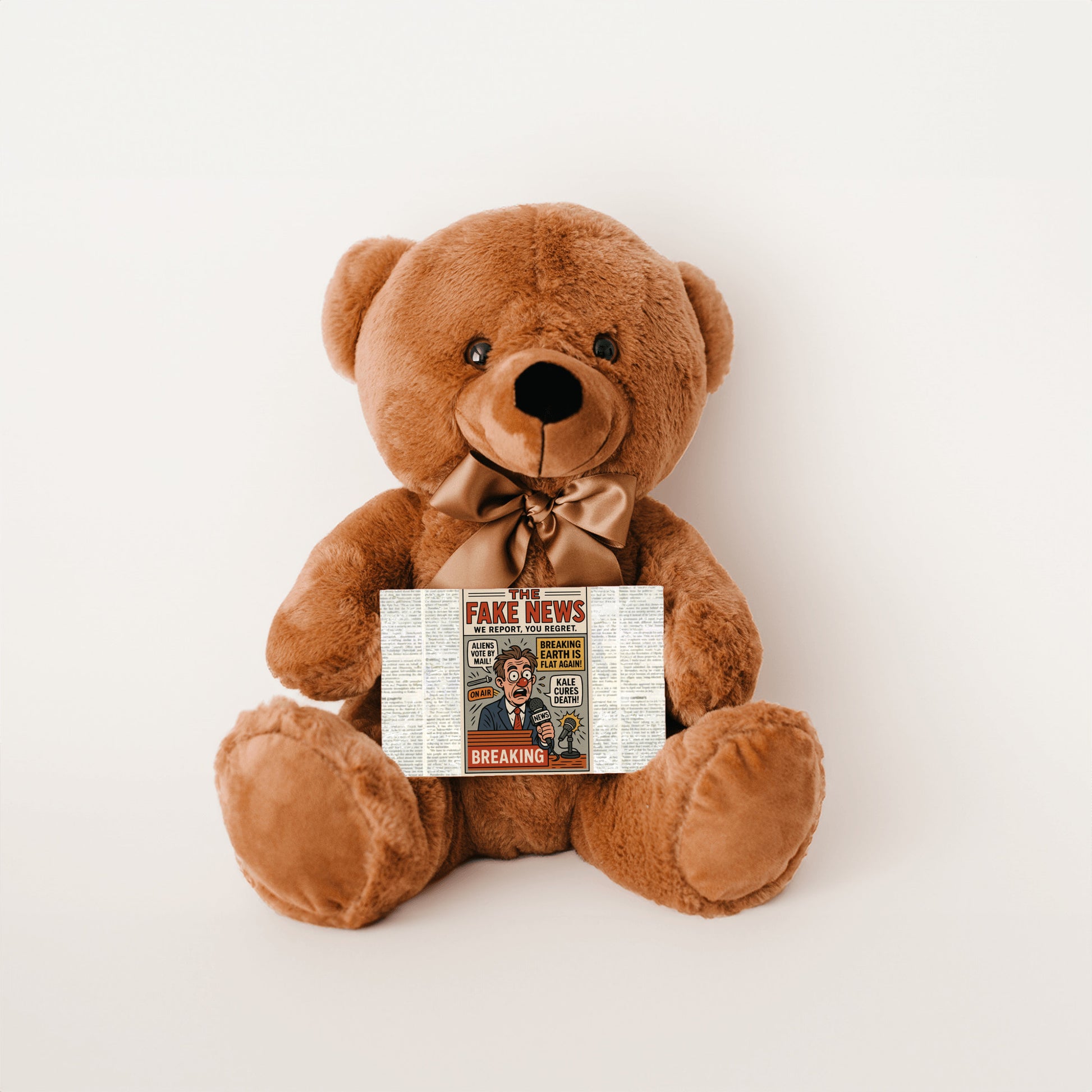 Soft plush teddy bear holding a sign that reads “Teddy Bears Tell the Truth – Not the Fake News,” a funny political and novelty gift.