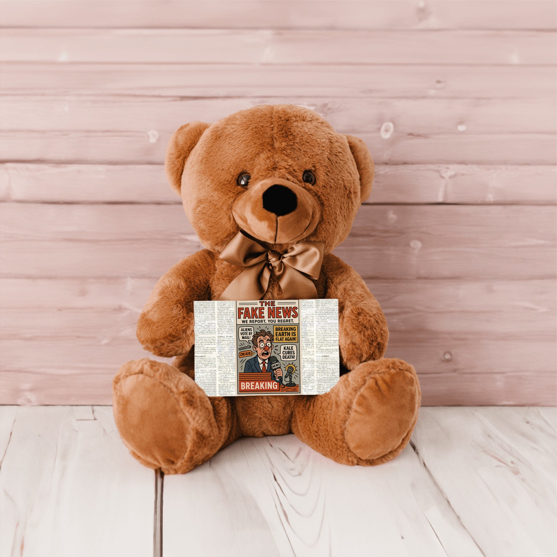 Soft plush teddy bear holding a sign that reads “Teddy Bears Tell the Truth – Not the Fake News,” a funny political and novelty gift.