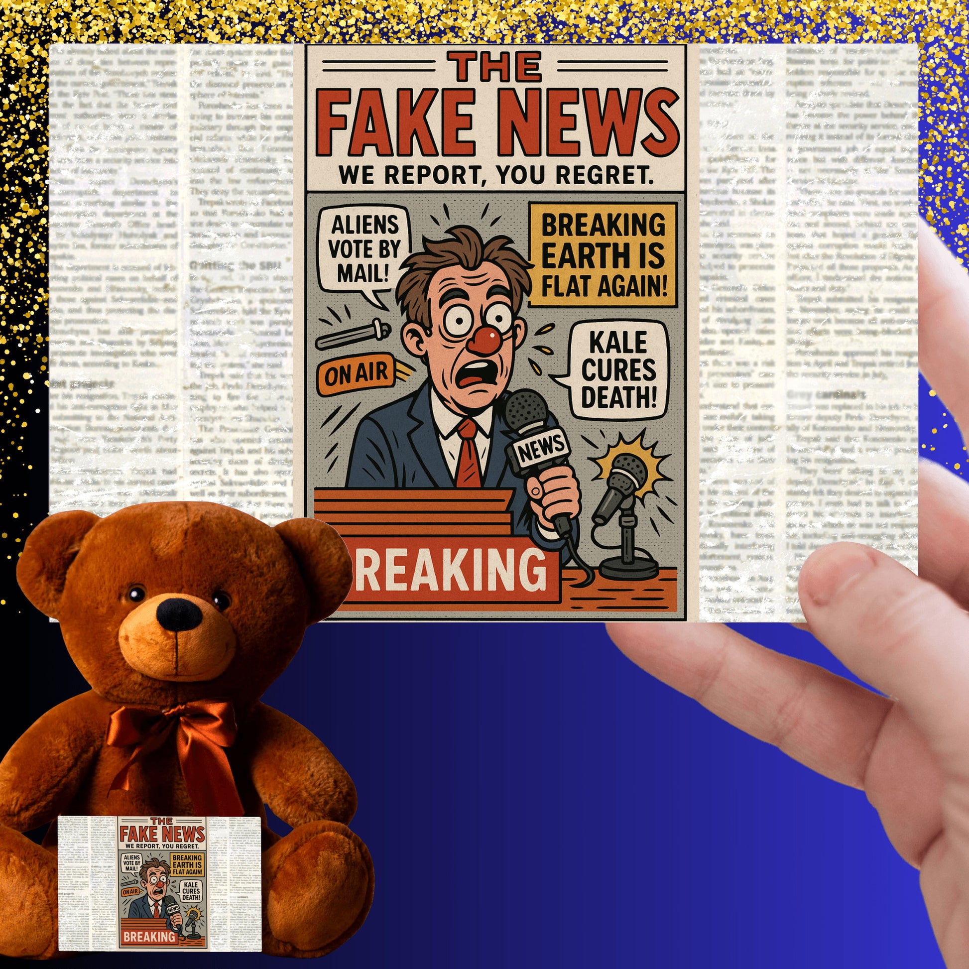 Soft plush teddy bear holding a sign that reads “Teddy Bears Tell the Truth – Not the Fake News,” a funny political and novelty gift.