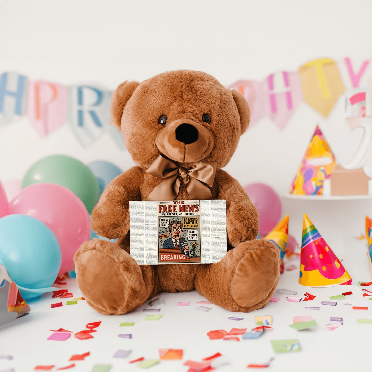 Soft plush teddy bear holding a sign that reads “Teddy Bears Tell the Truth – Not the Fake News,” a funny political and novelty gift.