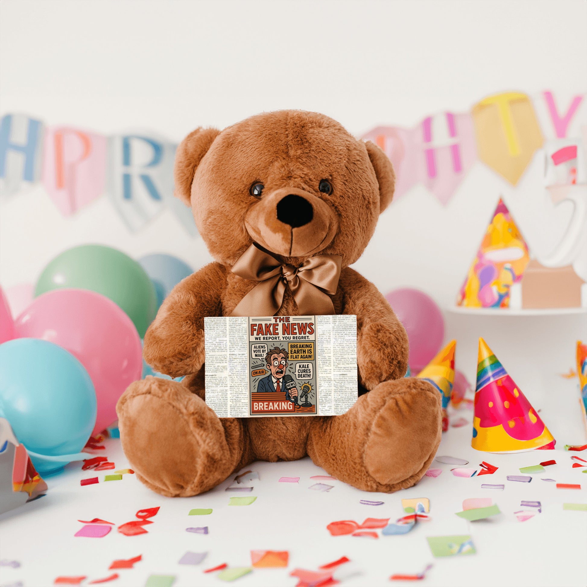 Soft plush teddy bear holding a sign that reads “Teddy Bears Tell the Truth – Not the Fake News,” a funny political and novelty gift.