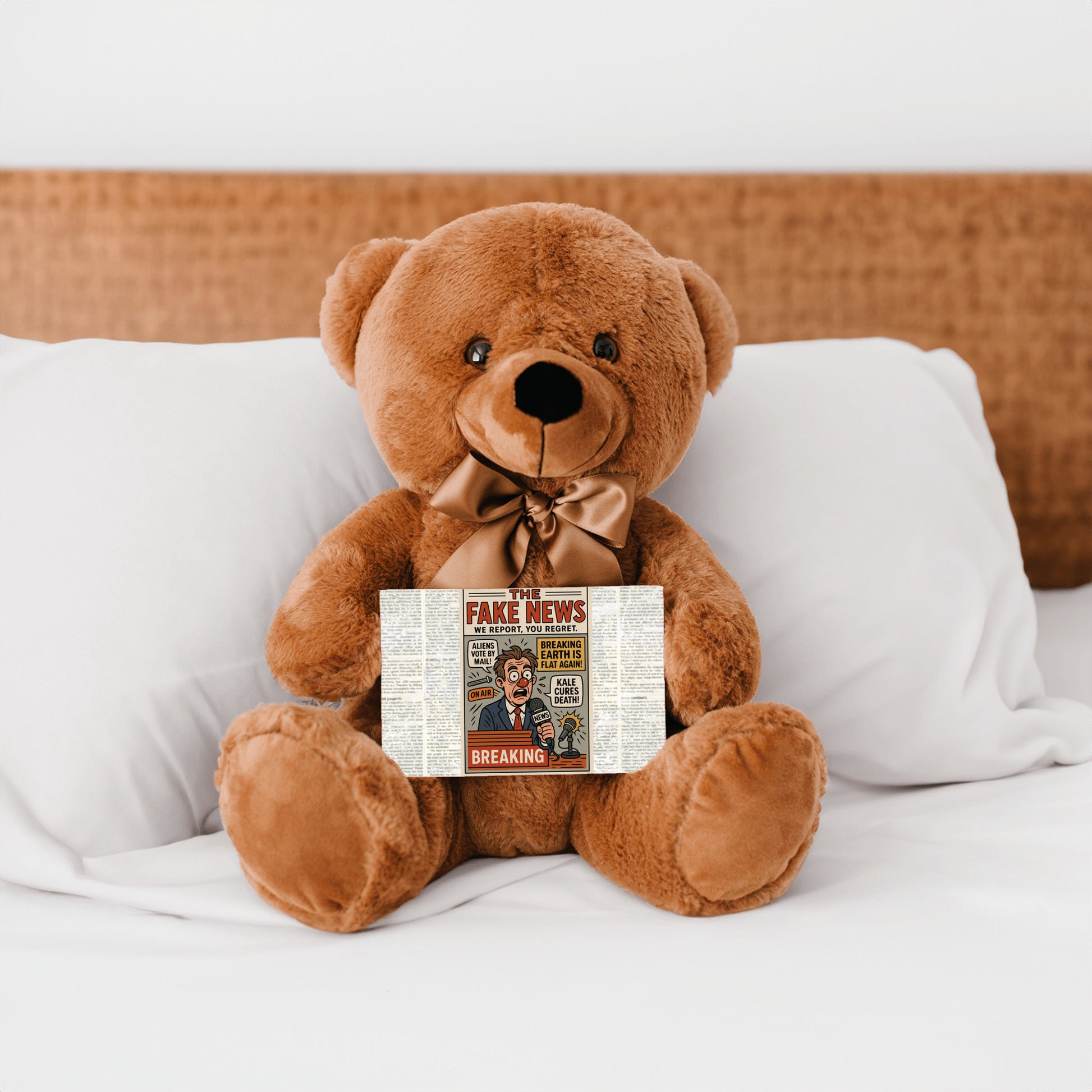 Soft plush teddy bear holding a sign that reads “Teddy Bears Tell the Truth – Not the Fake News,” a funny political and novelty gift.