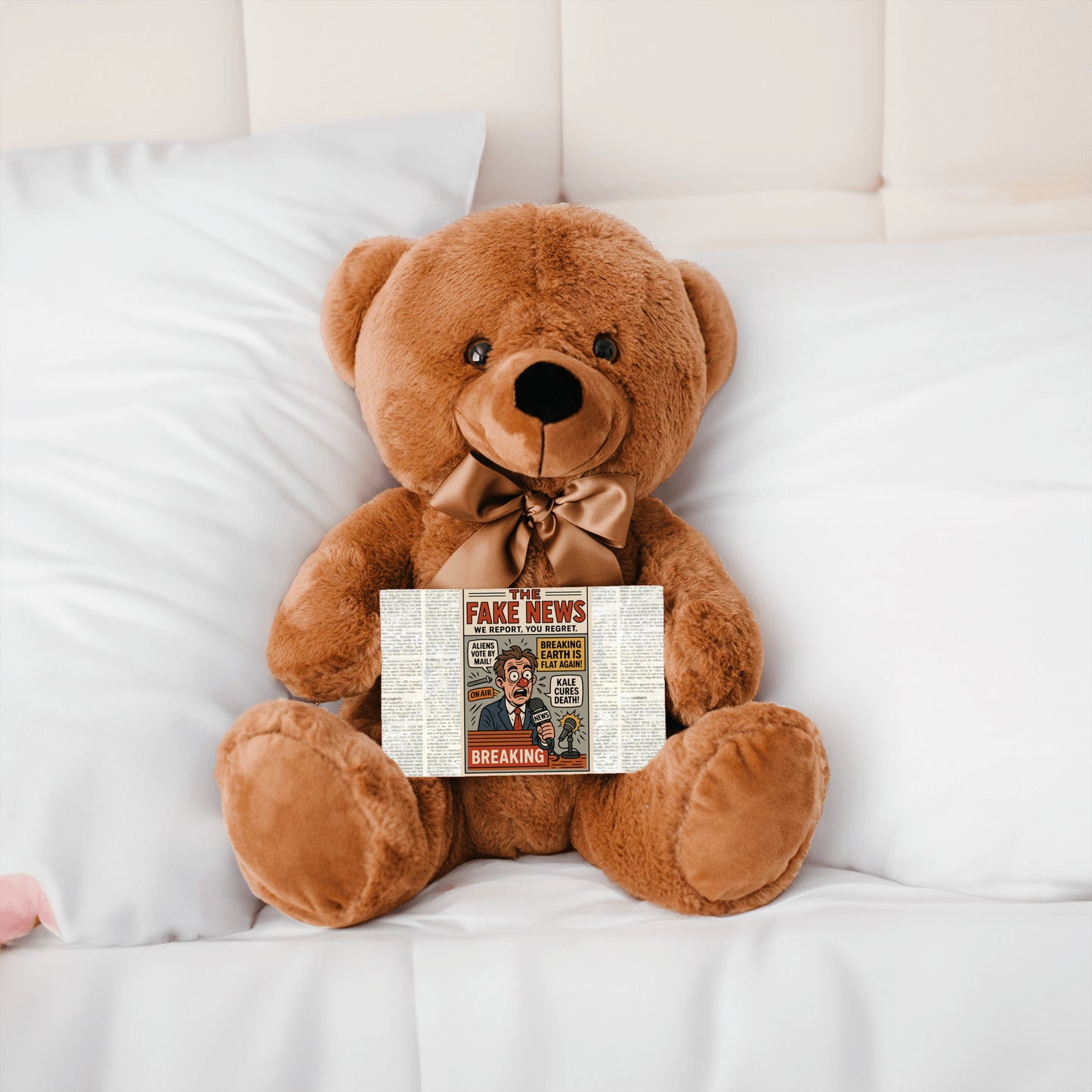 Soft plush teddy bear holding a sign that reads “Teddy Bears Tell the Truth – Not the Fake News,” a funny political and novelty gift.