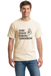 Man lifting weights in natural “Sore Today Strong Tomorrow” custom t shirt