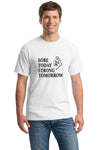 Man lifting weights in white “Sore Today Strong Tomorrow” custom t shirt
