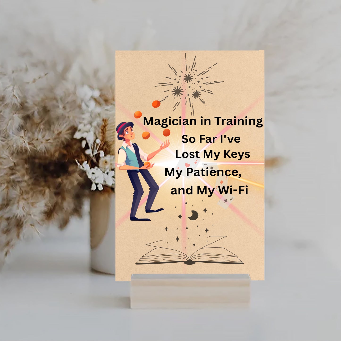 “Funny plaque with cartoon magician and the text Magician in Training by Teka Originals”