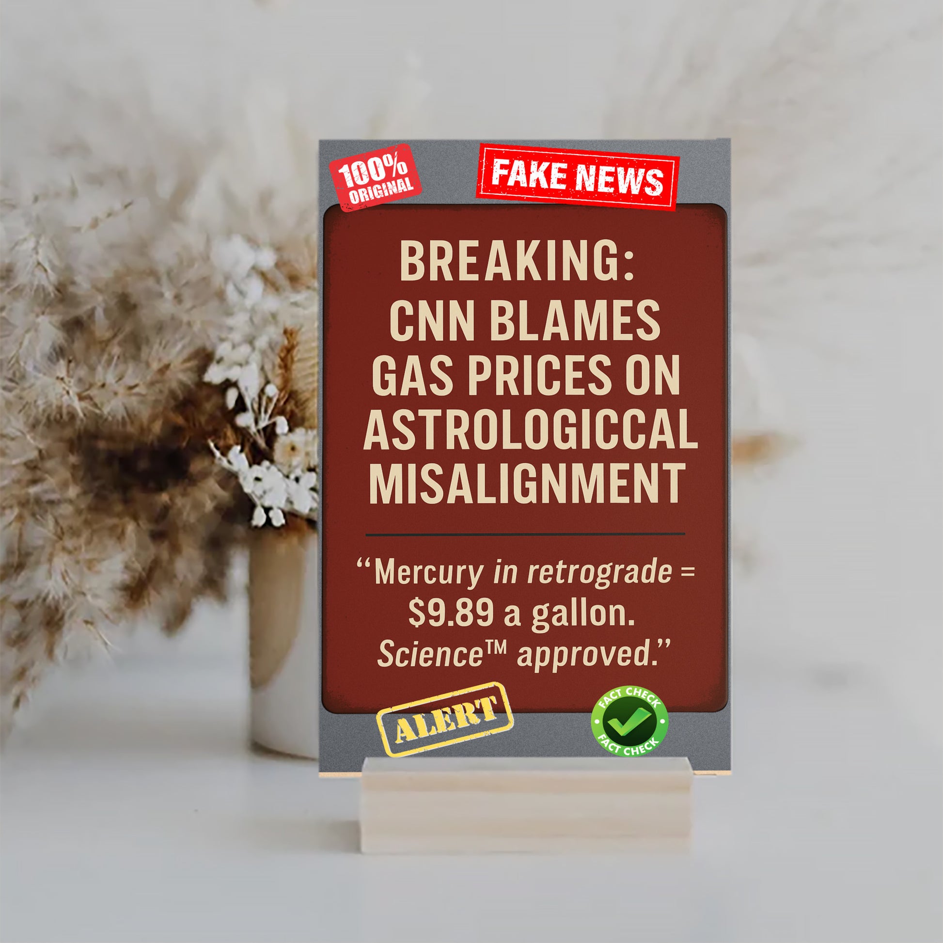 “CNN Blames Gas Prices on Astrological Misalignment satirical plaque on rustic wall”