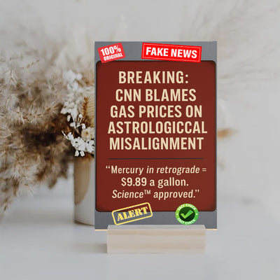“CNN Blames Gas Prices on Astrological Misalignment satirical plaque on rustic wall”