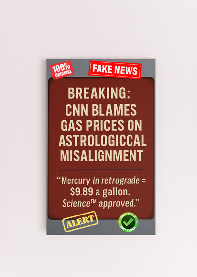 “CNN Blames Gas Prices on Astrological Misalignment satirical plaque on rustic wall”