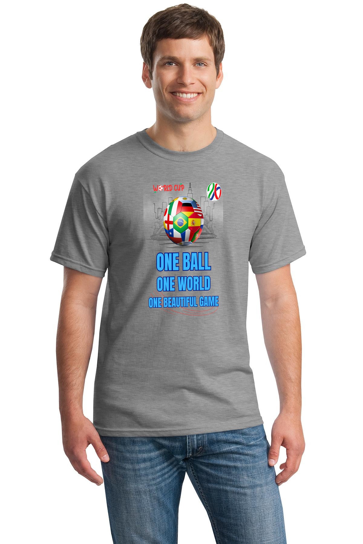 World Cup 2026 shirt with “One Ball – One World – One Beautiful Game” slogan featuring a globe and soccer ball graphic in sleek design