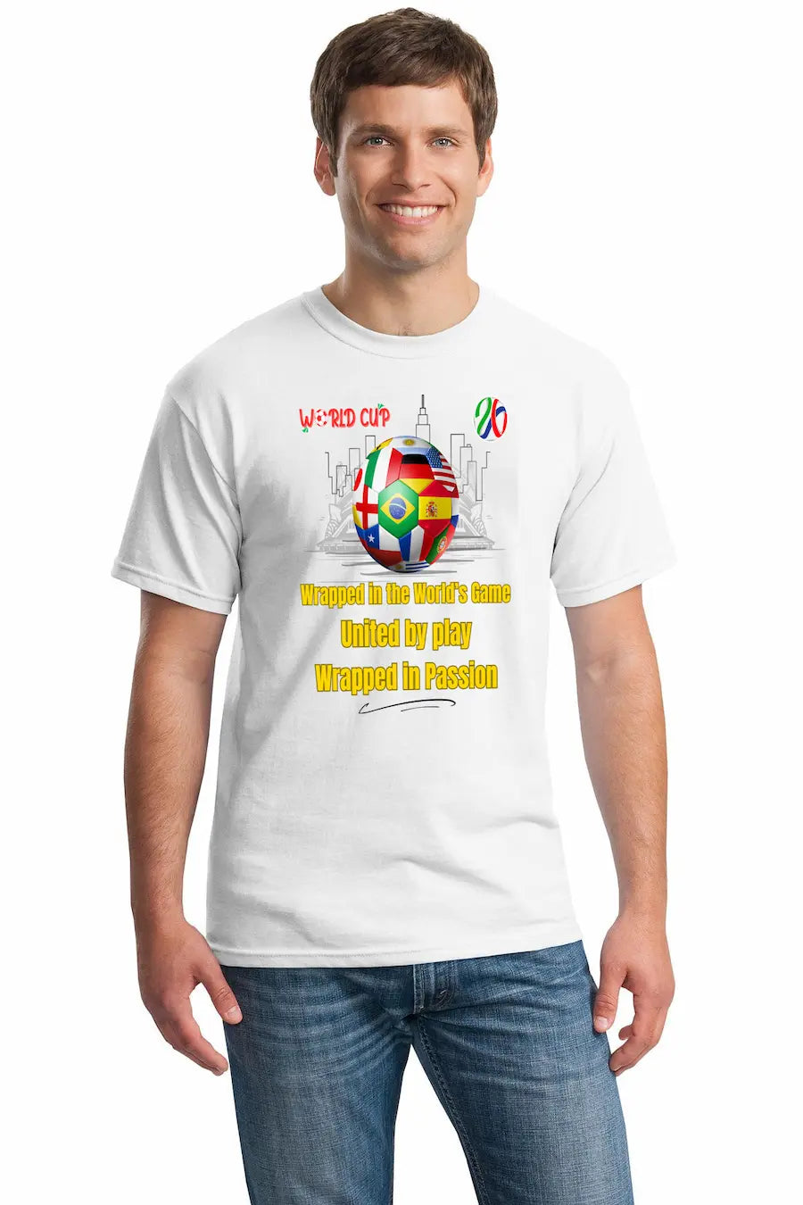 World Cup 2026 shirt with “Wrapped in the World’s Game – United by Play – Wrapped in Passion” slogan in elegant design celebrating global soccer unity
