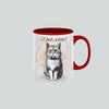 "Funny custom coffee mug with confused cartoon cat and Wait, What? quote"