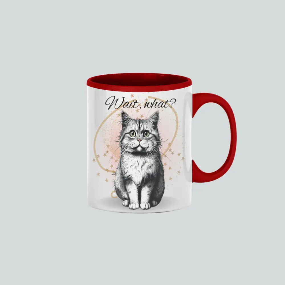 "Funny custom coffee mug with confused cartoon cat and Wait, What? quote"