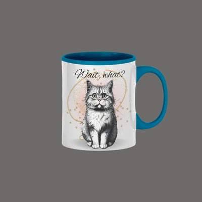 "Funny custom coffee mug with confused cartoon cat and Wait, What? quote"