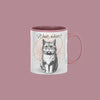 "Funny custom coffee mug with confused cartoon cat and Wait, What? quote"