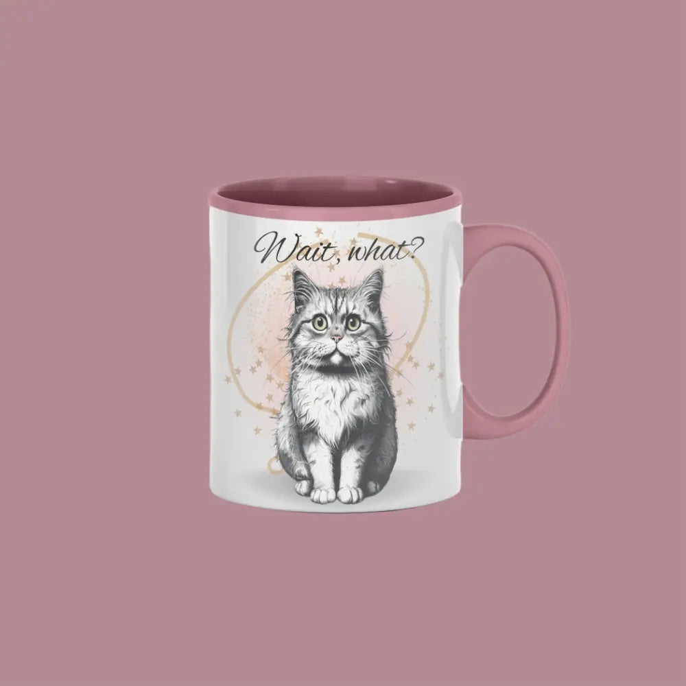 "Funny custom coffee mug with confused cartoon cat and Wait, What? quote"