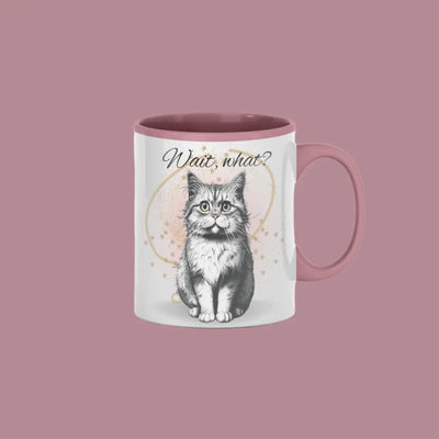 "Funny custom coffee mug with confused cartoon cat and Wait, What? quote"