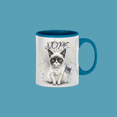 "Custom coffee mug with angry cartoon cat and sarcastic NOPE quote"